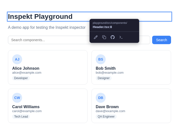 The same source popover in Inspekt's dark theme on the light playground page
