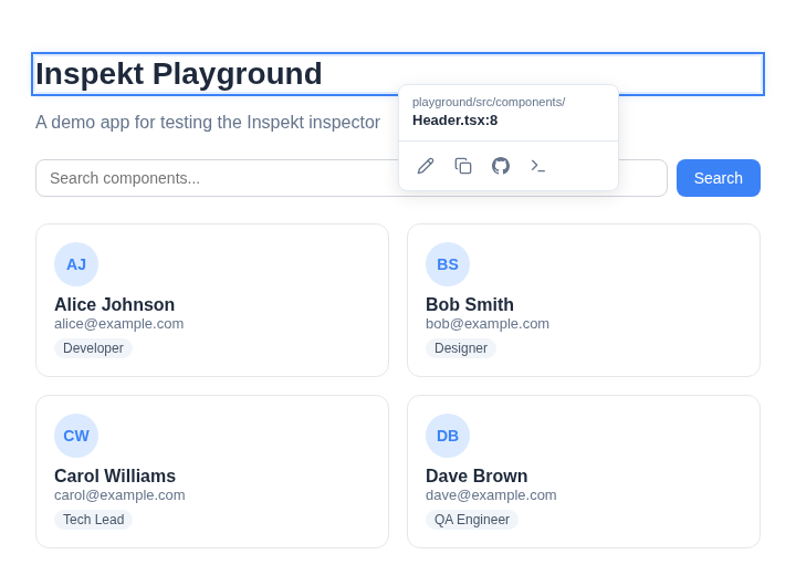 Inspekt highlights the playground heading and shows playground/src/components/Header.tsx:8 in its source popover